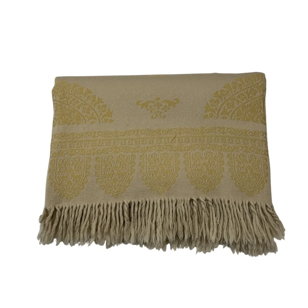 Anichini 100% Merino Wool Blank Throw Golden Yellow Scroll Fringe 67x58